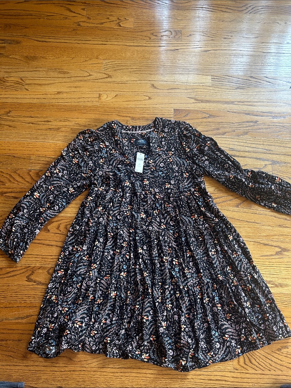 Maeve Black Floral Long-Sleeve Dress